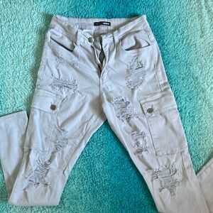 Grey Ripped Cargo Jeans